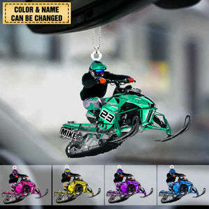 Personalized Snowmobile Rider Jumping Through Snow Acrylic Car Hanging Ornament