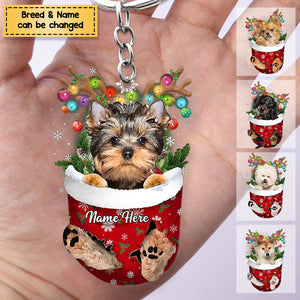 Dog In Snow Pocket Personalized Christmas Acrylic Keychain