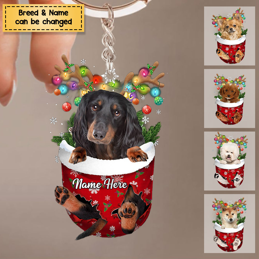 Dog In Snow Pocket Personalized Christmas Acrylic Keychain