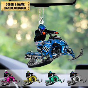 Personalized Snowmobile Rider Jumping Through Snow Acrylic Car Hanging Ornament