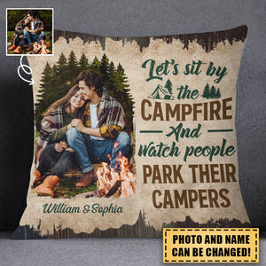 Custom Photo Let‘s Sit By The Campfire Husband Wife Camping - Gift For Camping Couples - Personalized Custom Pillow