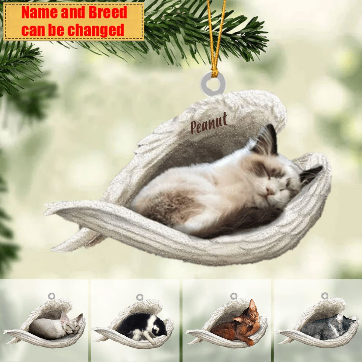 Personalized Stainless Cat Sleeping Angel Ornament- Double Sides Printed