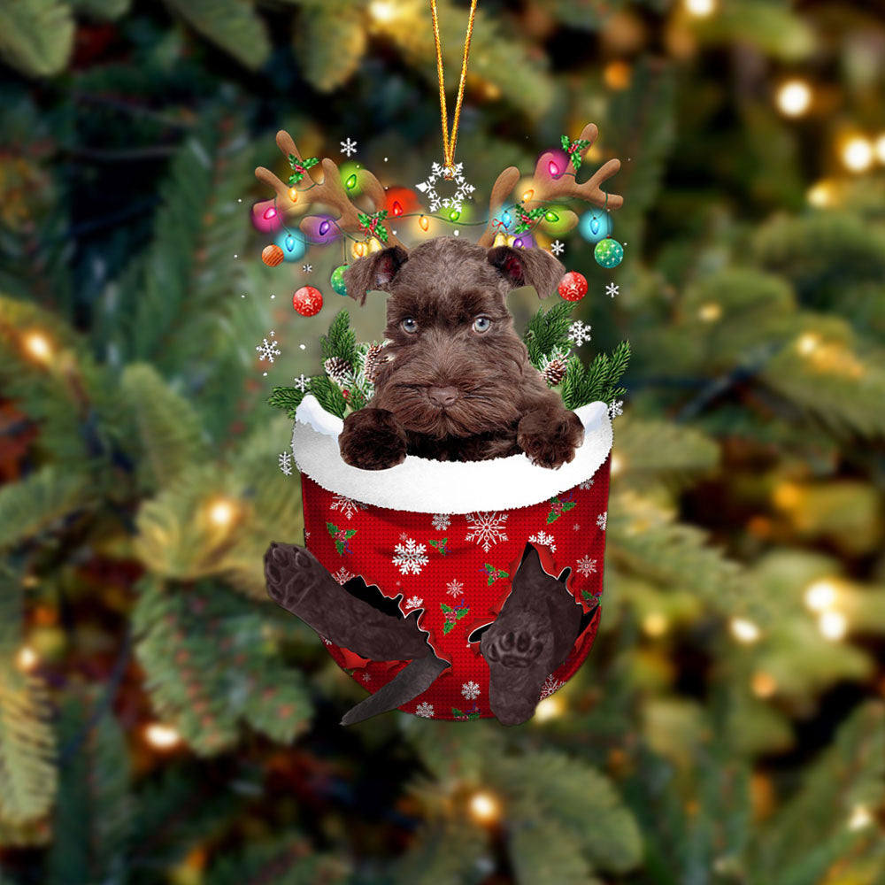 CHOCOLATE Miniature Schnauzer In Snow Pocket Christmas Ornament