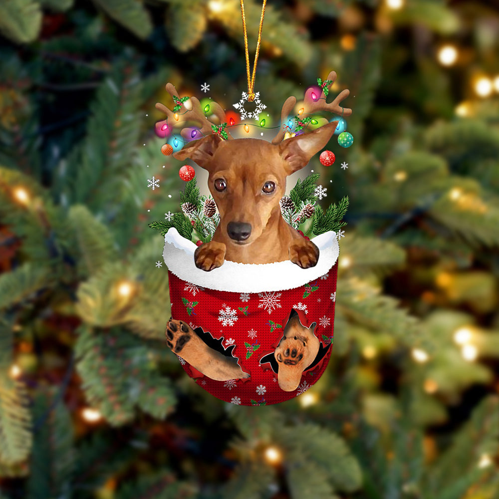 RED Miniature Pinscher In Snow Pocket Christmas Ornament