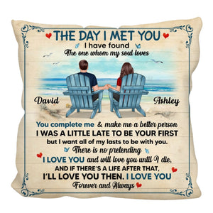 The Day I Met You Couple Sitting On Beach Personalized Pillow